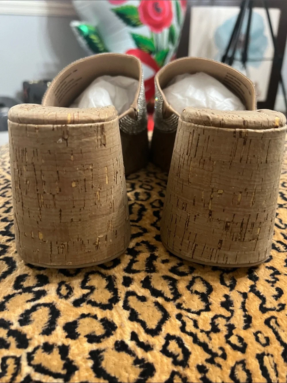 Madden Girl Tan Cork Platform Slides with Sparkle Crystal Strap